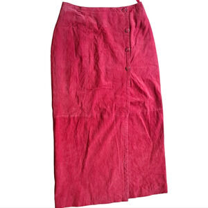 VTG 100% Genuine Natural Suede Leather Long Maxi Skirt Button Wrap Red Vintage